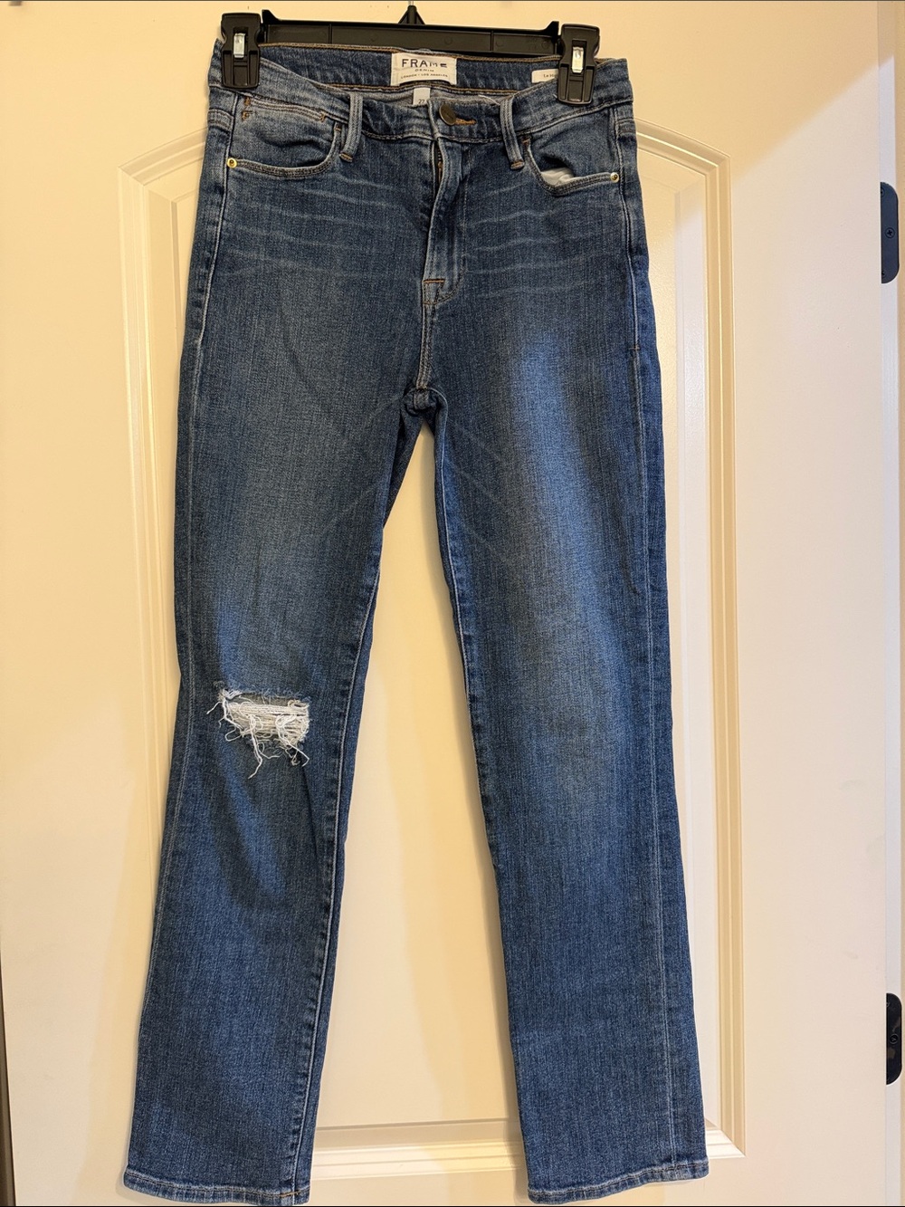 Frame Denim Straight-Leg Jeans in Blue with Distressed Knee